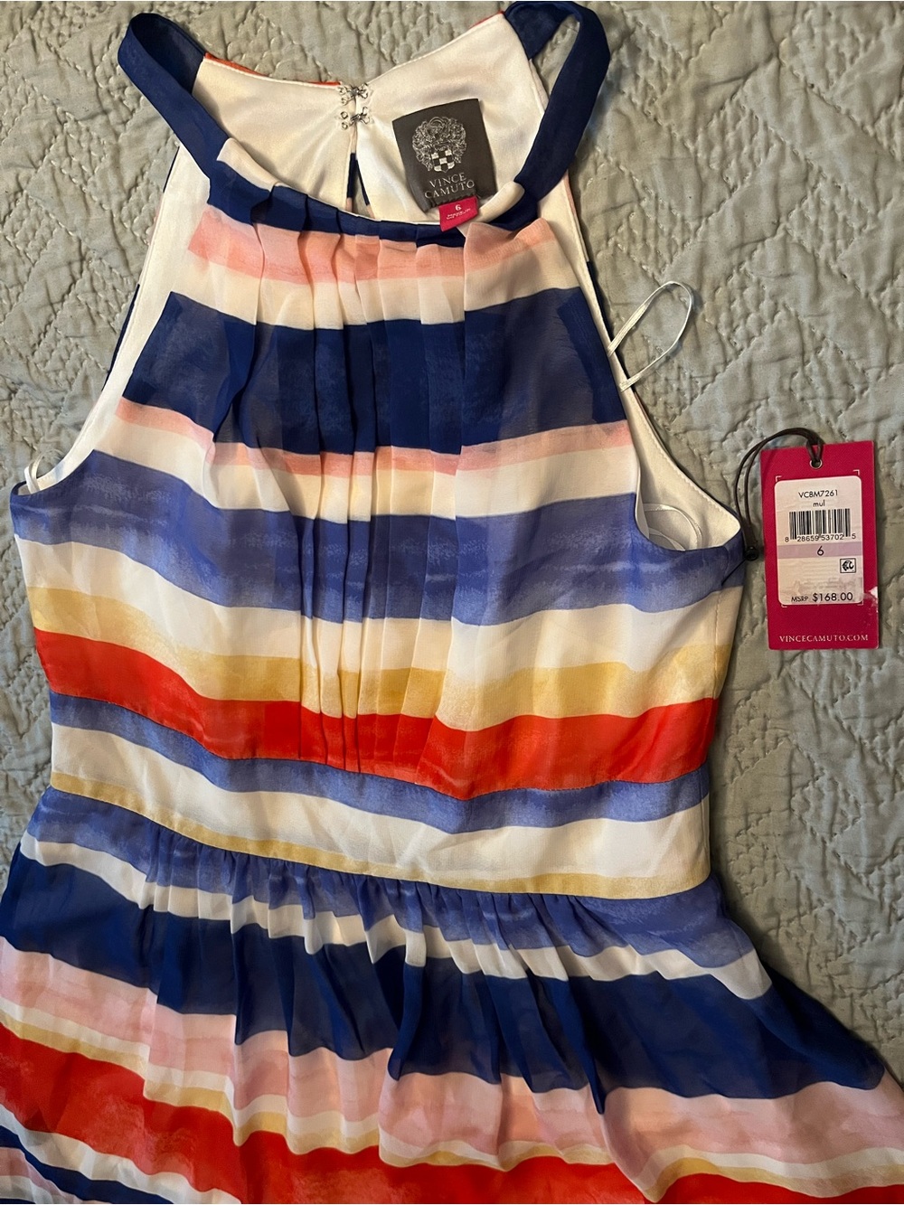 Vince Camuto Striped Halter Dress in Navy, Red, Gold & Blush